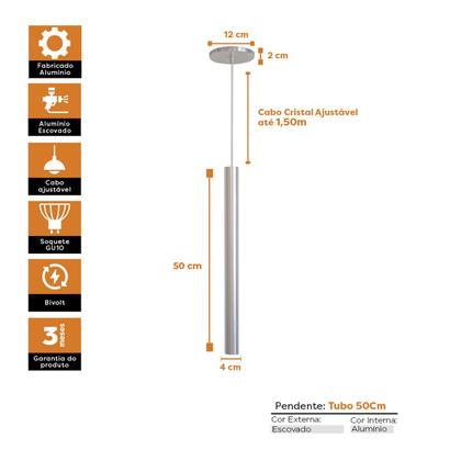 Imagem de Kit 5 Pendente Luminária Tubo Escovado 50 Cm