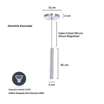 Imagem de Kit 5 Pendente Tubo Alumínio Escovado 30cm LED Branco Quente