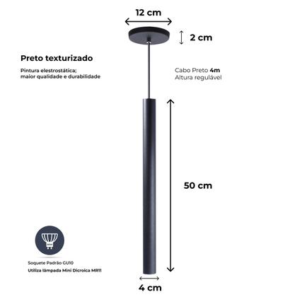 Imagem de Kit 5 Pendente Tubo Preto 50 Cm Cabo 4m + LED Branco Quente