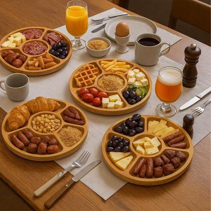 Imagem de Kit 5 Petisqueiras de Bambu Redonda 5 Divisórias 25cm Lyor Round Aperitivos Tábua Servir Petiscos