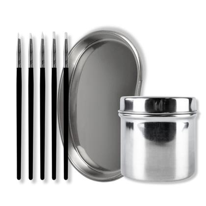 Imagem de Kit 5 Pincéis Silicone Cuba Rim Frasco 8cm Aço Inox Odonto Instrumentos Organizadores Odontologia Clinicas Dentista