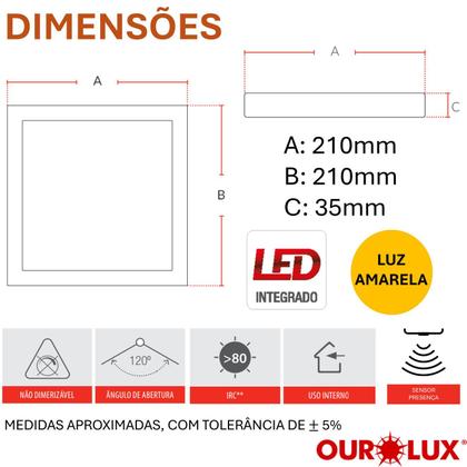 Imagem de Kit 5 Plafon Quadrado Sobrepor 18w Sensor Presença 2700K Amarela