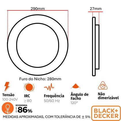 Imagem de Kit 5 Plafon Redondo Embutir Preto 24w Branco Quente 3000k