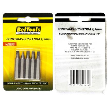 Imagem de Kit 5 Ponta Bit Fenda CV 38mm x 1/4 x 4,5mm Beltools