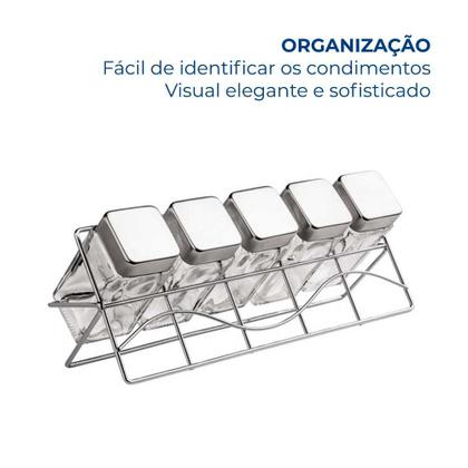 Imagem de Kit 5 Porta Condimentos Tempero Quadrado Vidro C Suporte