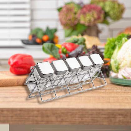 Imagem de Kit 5 Porta Condimentos Tempero Quadrado Vidro C Suporte