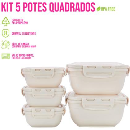 Imagem de Kit 5 Potes C/ Tampa Quadrado 3x 400ml + 2x 1400 ml Marmita Micro-ondas Comida Conjunto Plástico - Rischioto