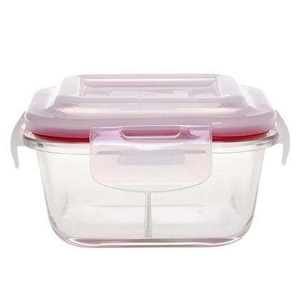 Imagem de Kit 5 Potes De Vidro 300ml 2 Divisórias Hermético Marmita Fit Com Trava Quadrada
