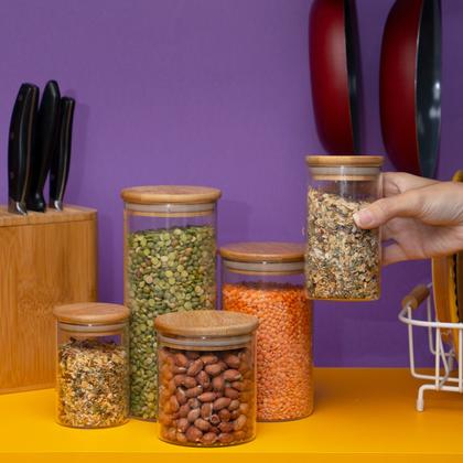 Imagem de Kit 5 potes de vidro com tampa de bambu herméticos redondos - Tüd