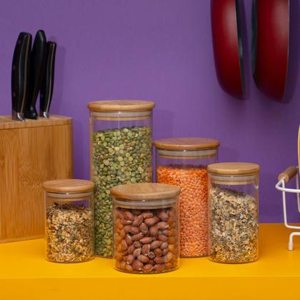 Imagem de Kit 5 potes de vidro com tampa de bambu herméticos redondos - Tüd