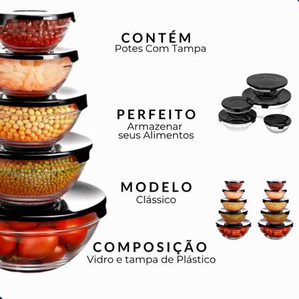Imagem de Kit 5 Potes de Vidro com Tampa Hermética  Armazenamento de Alimentos