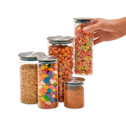 Imagem de Kit 5 potes de vidro com tampa inox hermético redondo mantimento - Tud