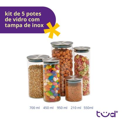 Imagem de Kit 5 potes de vidro com tampa inox hermético redondo mantimento - Tud