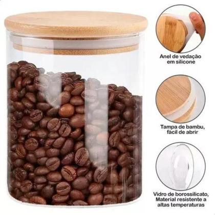 Imagem de Kit 5 Potes de Vidro Hermético com Tampa de Bambu 250ml + 3 Colheres Porta Temperos e Mantimentos