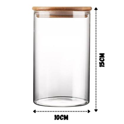 Imagem de Kit 5 Potes de Vidro Hermético com Tampa de Bambu 250ml + 3 Colheres Porta Temperos e Mantimentos