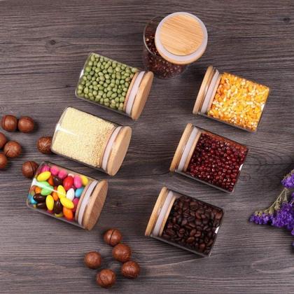 Imagem de Kit 5 Potes de Vidro Hermético com Tampa de Bambu 250ml + 3 Colheres Porta Temperos e Mantimentos