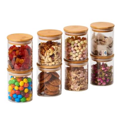 Imagem de Kit 5 Potes de Vidro Hermético com Tampa de Bambu 250ml + 3 Colheres Porta Temperos e Mantimentos