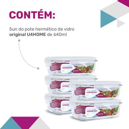 Imagem de Kit 5 Potes de Vidro Retangular com Tampa Hermética 640ml Branco