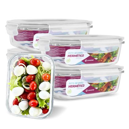 Imagem de Kit 5 Potes de Vidro Retangular com Tampa Hermética 640ml Branco