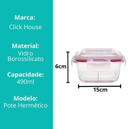 Imagem de Kit 5 Potes De Vidro Tampa Hermético Redondo 2 Divisórias Marmita Fit 4 Travas 490ml