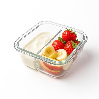 Imagem de Kit 5 Potes De Vidro Tampa Hermético Redondo 2 Divisórias Marmita Fit 4 Travas 490ml