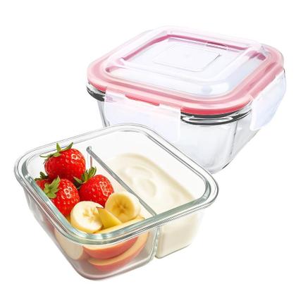 Imagem de Kit 5 Potes De Vidro Tampa Hermético Redondo 2 Divisórias Marmita Fit 4 Travas 490ml