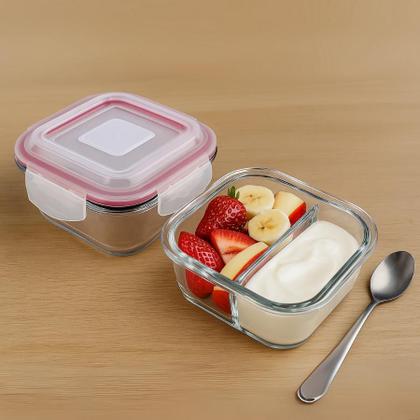 Imagem de Kit 5 Potes De Vidro Tampa Hermético Redondo 2 Divisórias Marmita Fit 4 Travas 490ml