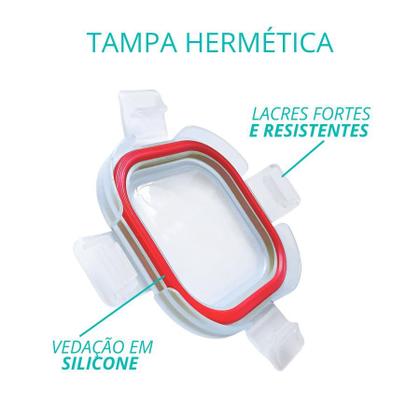Imagem de Kit 5 Potes De Vidro Tampa Hermético Redondo 2 Divisórias Marmita Fit 4 Travas 490ml