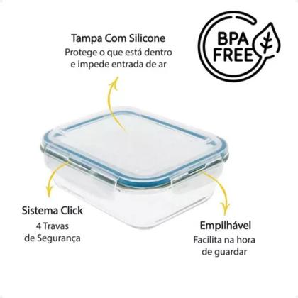 Imagem de Kit 5 Potes Hermético de Vidro Borossilicato Marmita 1000ml Vasilha Alimentos Retangular