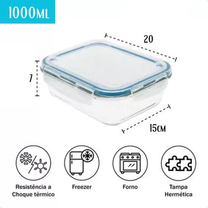 Imagem de Kit 5 Potes Hermético de Vidro Borossilicato Marmita 1000ml Vasilha Alimentos Retangular