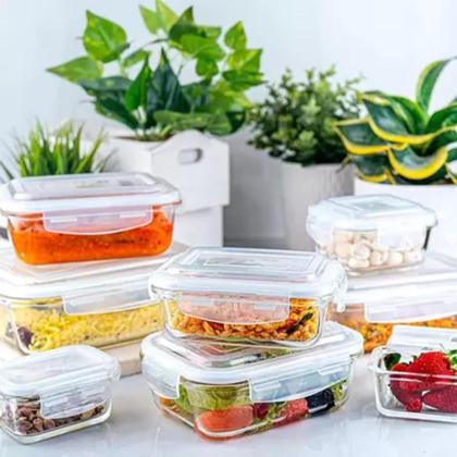 Imagem de Kit 5 Potes Hermético de Vidro Borossilicato Marmita 1000ml Vasilha Alimentos Retangular