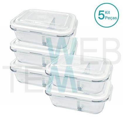 Imagem de Kit 5 Potes Hermético Marmita de Vidro Retangular Com Divisória 1010ml Com Tampa BPA Free: Cozinha Organizada, Sustentabilidade e Alimentos Frescos