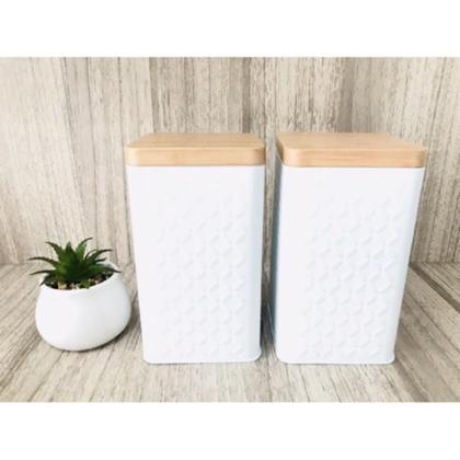 Imagem de Kit 5 Potes Latas Porta Mantimento Tampa Bambu Café E Açucar