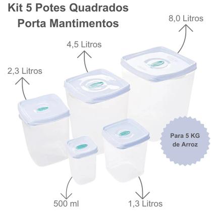 Imagem de Kit 5 Potes Porta Mantimentos Jogo de Potes Plástico Quadrado Para Conjunto de Potes Para Cozinha Pote de Arroz Capacidade de 5Kg ou 8 Litros Plasvale