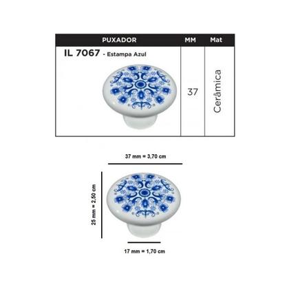 Imagem de Kit 5 puxador italy line ceramica il7067 estampa azul antigo louça