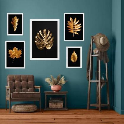 Imagem de Kit 5 Quadros Folhas Douradas Fundo Preto - Com Vidro