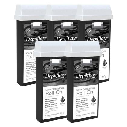 Imagem de Kit 5 Refil Cera Depilatoria Corporal Profissional Depilação Roll On Depilflax Negra 100g