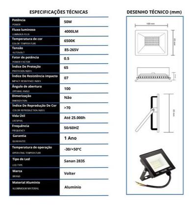 Imagem de Kit 5 Refletores Led Aluminio 50w Bivolt Ip66 6500k Preto