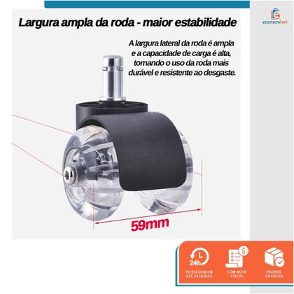 Imagem de Kit 5 Rodinhas Rodízio Universal para Cadeira de Escritório Silicone Transparente 50mm
