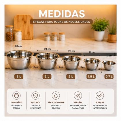 Imagem de Kit 5 Tigelas Inox Bowls mais Escorredor Multiuso Completo Kit Cozinha Premium