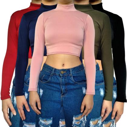 Imagem de Kit 5 Tops Femininos Manga Longa Gola Alta Justos Lisos Cores Sortidas Malha Crepe Pp ao Plus Size