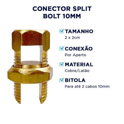 Imagem de Kit 5 un. Conector Fendido Latão Para Cabos 10mm Parafuso Split Bolt