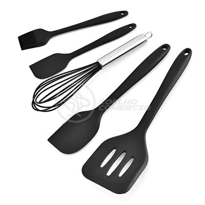 Imagem de Kit 5 Utensílios de Cozinha Resistentes Conjunto Completo Peças de Silicone