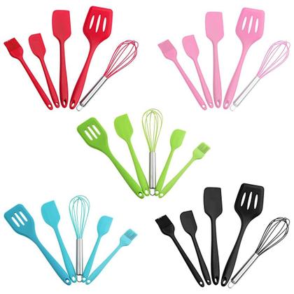 Imagem de Kit 5 Utensílios de Cozinha Silicone Batedor Inox Espátula Pincel Multiuso 035