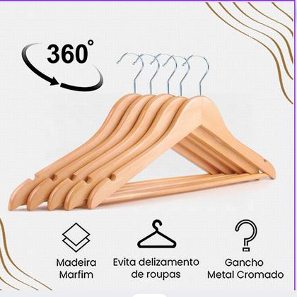 Imagem de Kit 50 Cabides de Madeira Reforçada com Gancho Giratório  Ideal para Roupas Pesadas