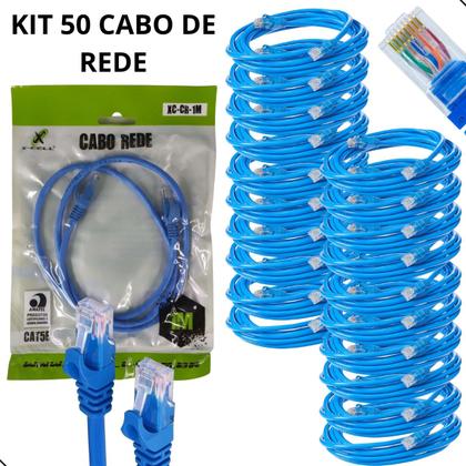 Imagem de Kit 50 Cabos De Rede RJ45 Cat5e 1 Metro Azul Crimpado Lan Ethernet