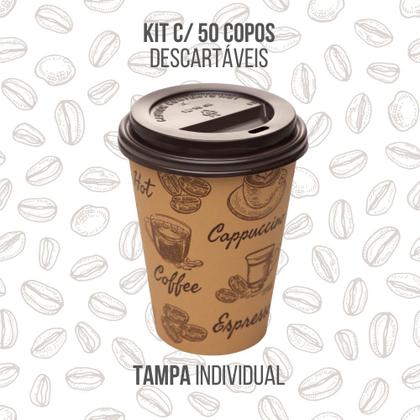 Imagem de Kit 50 Copos de Café Descartável Papel 300ml Biodegradável Marrom com Tampa Lyor