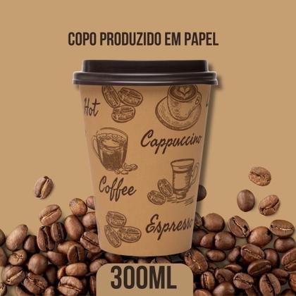 Imagem de Kit 50 Copos de Café Descartável Papel 300ml Biodegradável Marrom com Tampa Lyor