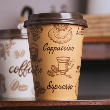 Imagem de Kit 50 Copos de Café Descartável Papel 300ml Biodegradável Marrom com Tampa Lyor