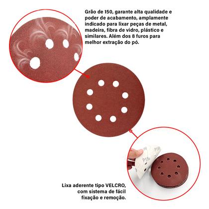 Imagem de Kit 50 Discos de Lixa tiras autocolantes 125mm 4.1/2” Grão 150